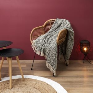 PLAID ETHNIQUE A FRANGES BEIGE ET NOIR 150X120 CM 100% COTON